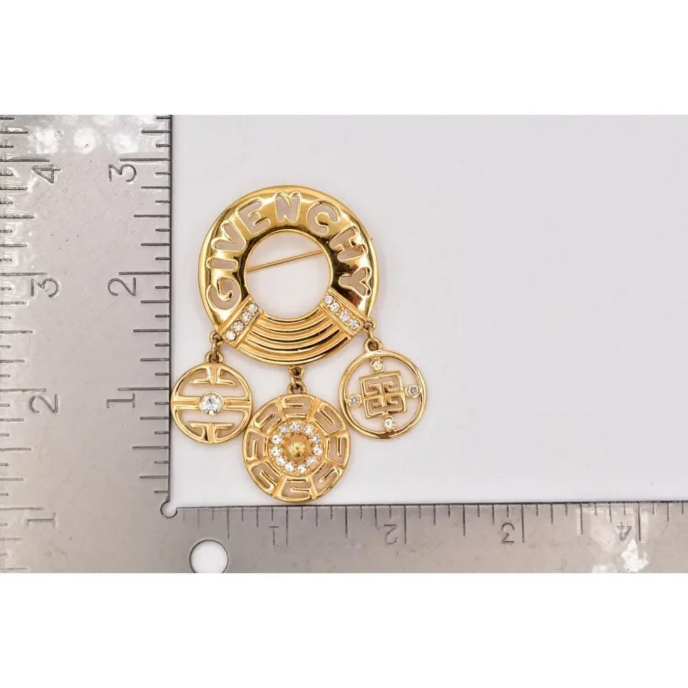 Givenchy Vintage Logo Charm Brooch Gold Pin Dangle Crystal Statement 1980s Bin5B - Picture 3 of 12